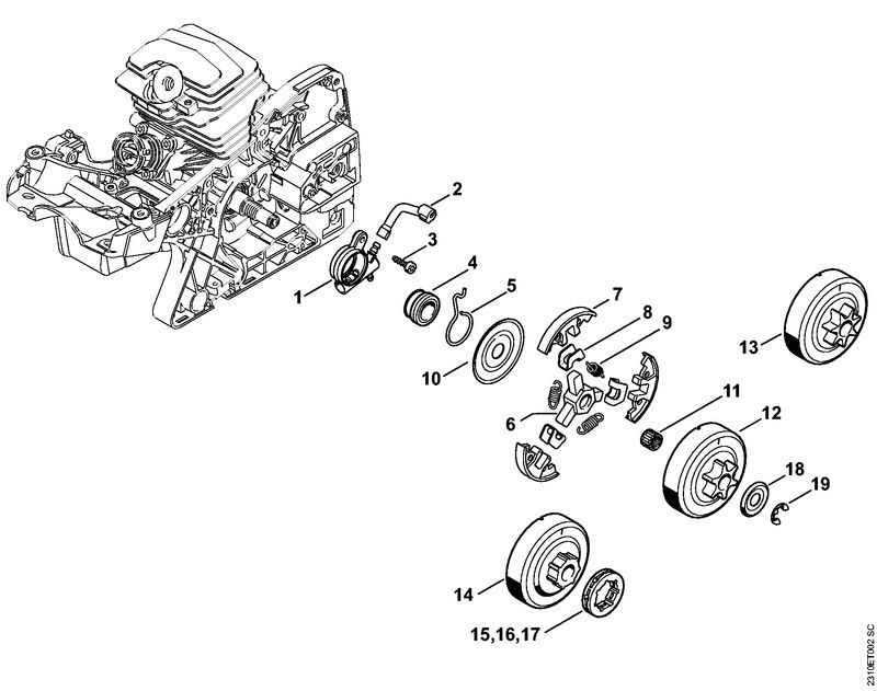 Exploded view of an oil pump and clutch assembly, each part tagged with a number