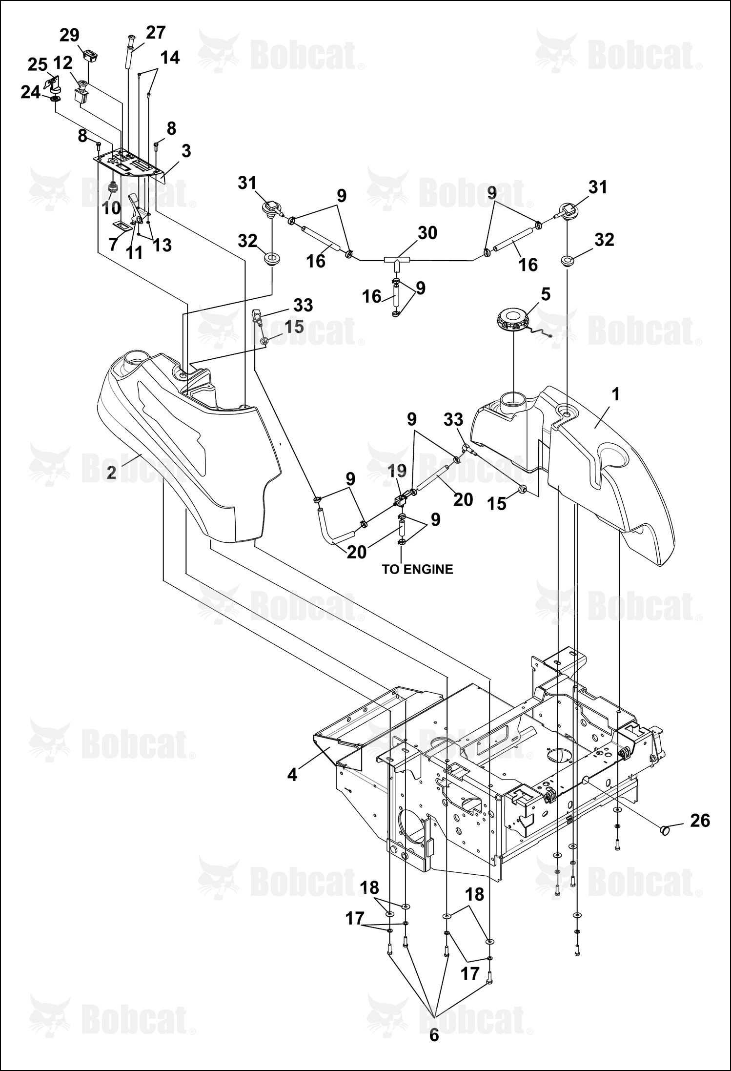 BOBCAT exploded view, every part tagged with a number